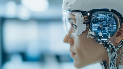 Poster - Cybernetic Woman Profile: A close-up profile shot of a woman with a futuristic cybernetic helmet, revealing intricate circuitry and technological components within her head.