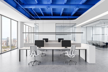 Poster - modern office interior with open space and blue ceiling design. 3d rendering