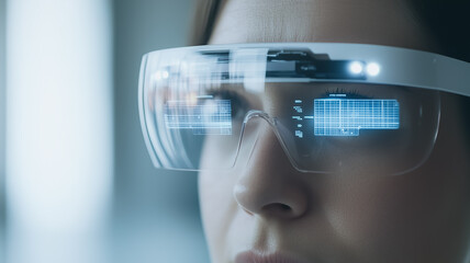 Poster - Woman Experiencing Augmented Reality: Close-up of a woman wearing futuristic smart glasses, displaying holographic data and information overlays.