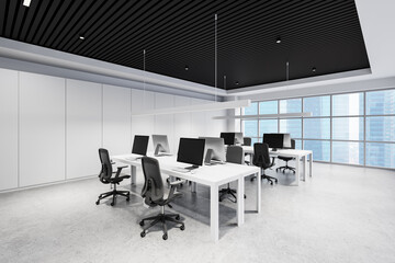 Poster - Modern open-plan office interior with white furniture and computers. 3D Rendering