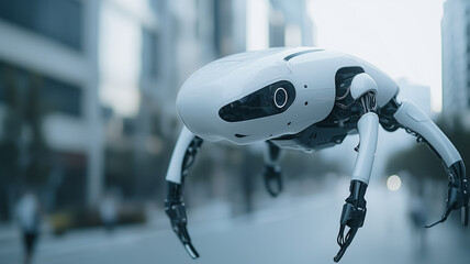 Poster - Urban Robotics:  A futuristic, white, spider-like robot with sleek, articulated limbs, navigates a cityscape, a symbol of technological advancement and the evolution of robotics.  