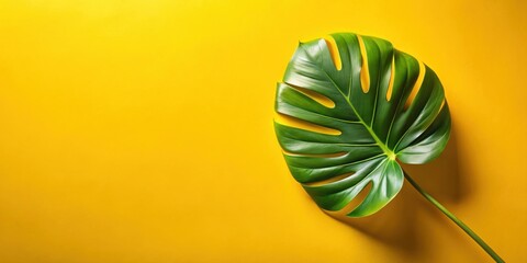 Poster - A single tropical leaf with intricate veins rests against a vibrant yellow background, showcasing the beauty of natural simplicity.