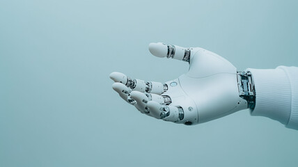 Poster - Robotic Hand Offering: A close-up shot of a white robotic hand, outstretched in an open palm gesture, suggesting offering, assistance, or the future of technology.
