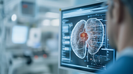 Poster - Medical Imaging: A doctor or radiologist in a hospital setting intensely scrutinizing a detailed 3D scan of a human lung on a computer monitor.