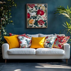 Poster - Stylish sofa setup adorned with bold cushions and fresh flowers creating a cheerful atmosphere with a mockup poster frame displayed above the sofa viewed from a frontal angle capturing vibrant colors