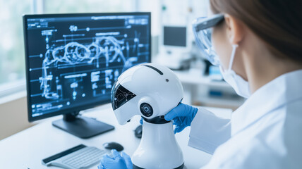 Poster - the future is here: a female scientist intently examines a humanoid robotic head, her focused expres