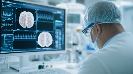 Poster - Neurologist Examining Brain Scans: A focused neurologist meticulously reviews detailed brain scans displayed on a large computer monitor.