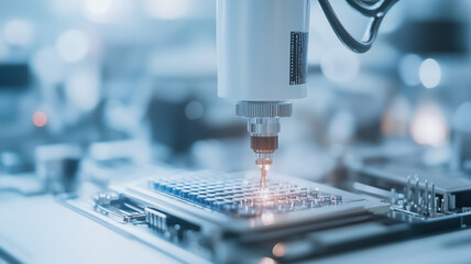 Poster - Precision Manufacturing: Close-up view of a robotic arm performing a precise task on a circuit board during a high-tech manufacturing process.