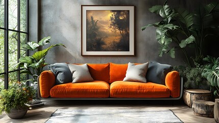 Poster - Stylish sofa setup in a cozy corner with bold cushions and fresh flowers viewed from a side angle showcasing the mockup poster frame and creating an inviting atmosphere filled with natural light