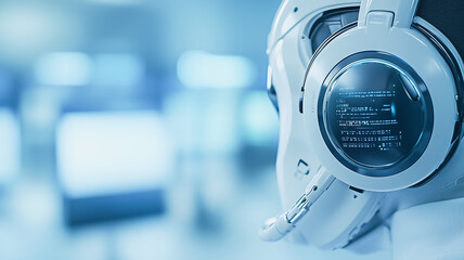 Poster - AI  in Focus: Close-up of a futuristic robot's head with glowing blue eyes and intricate circuits, symbolizing artificial intelligence and the intersection of technology and the human experience.  