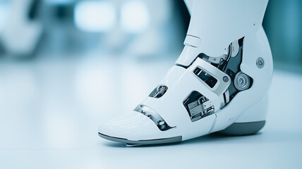 Poster - Robotic Foot Detail: Close-up view of a robotic foot, showcasing intricate mechanical details and a sleek, futuristic design.