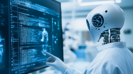 Poster - AI Medical Diagnosis: A futuristic robotic doctor interacts with a high-tech medical interface, analyzing detailed scans and patient data.