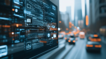 Poster - Urban Tech Interface: A futuristic digital interface displays complex data streams against a blurred backdrop of a busy city street at night.