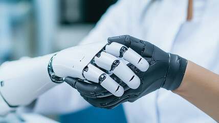 Poster - human and robot handshake: a close-up shot depicts a human hand in a black glove shaking hands with 