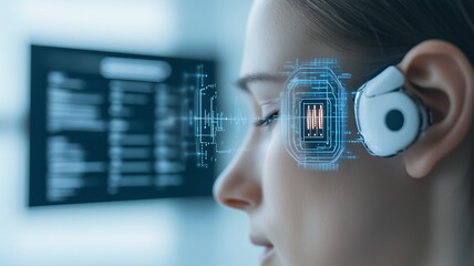 Poster - Biometric Interface: Futuristic head-mounted device displaying a digital interface projected onto a woman's temple, highlighting advancements in neural technology and brain-computer interfaces. 