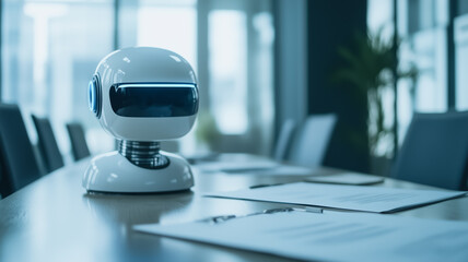 Poster - AI Assistant on Conference Table: A futuristic, sleek white robotic head sits on a modern conference table amongst paperwork, suggesting themes of artificial intelligence, automation.