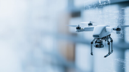 Poster - Drone in Flight: A sleek, modern drone hovers mid-air, its camera poised and ready for action against a blurred background suggesting dynamic movement and technological advancement. 