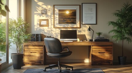 Poster - Stylish workspace with a natural wood console and sleek black chair captured from a side angle to emphasize the clean lines and organization of the calm and focused work environment