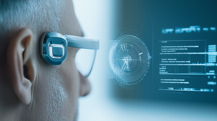 Poster - Digital Future: Close-up profile view of a person wearing futuristic glasses and a  hearing aid, with holographic interface and computer code displayed.