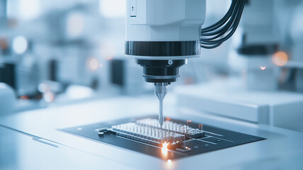 Poster - Precision Robotics in Microelectronics Manufacturing: A close-up shot reveals a robotic arm with pinpoint accuracy, performing a delicate operation on a microchip during the manufacturing process.