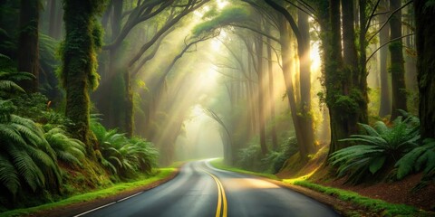 Poster - A winding road through a dense forest with sunlight streaming through the trees creating a magical atmosphere