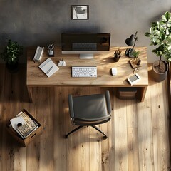 Poster - Topdown perspective of a natural wood desk and stylish chair minimalist decor spread out emphasizing the organized and peaceful atmosphere of the home workspace