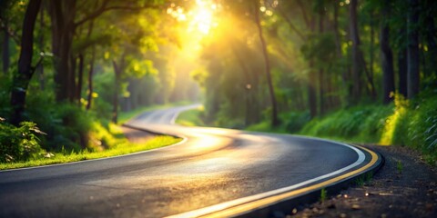 Poster - A winding road through a verdant forest bathed in the golden light of the setting sun