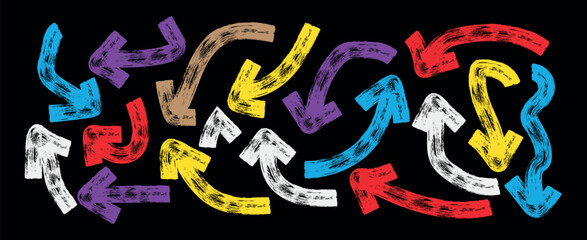 Fototapete - Set of Bold brush drawn curved and wavy arrows. Multicolored doodle marker thick arrows in different directions. Vector illustration