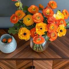 Fototapete - Topdown view of bright orange and yellow blooms on a wooden sideboard with geometric decor and a retro glass dish creating a cheerful modern space highlighting the vibrant arrangement from above