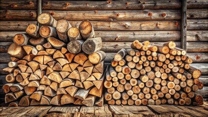 Poster - A Stack of Cut Wood Logs Resting Against a Log Cabin Wall, Displaying Their Natural Textures and Grain Patterns