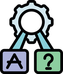 Poster - Problem solving process involving finding answers to questions, symbolized by a gear connecting a and Blocks