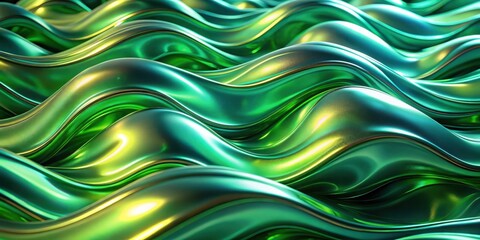 Poster - Abstract Swirling Green and Yellow Liquid Surface, A Study in Metallic Sheen and Dynamic Form
