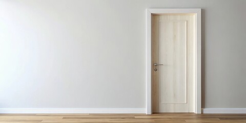 Aufkleber - A simple, clean interior with a closed wooden door and a blank wall, offering a canvas for imagination and design