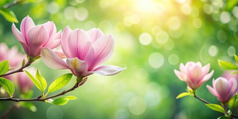 Poster - Delicate Pink Magnolia Blooms Gracefully Against a Softly Focused Green Background, Bathed in Warm Sunlight