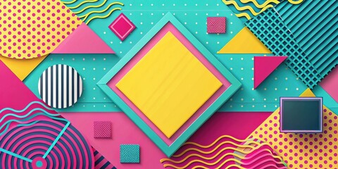 Poster - Geometric Abstract Art in Vibrant Colors with a Yellow Square in the Center