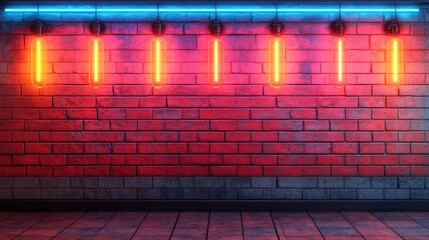 Poster - Natural Imperfections on Vintage-Style Red Brick Wall with Overlay of Dynamic Neon Orange and Blue Lighting