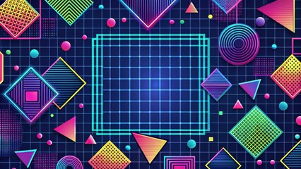 Leinwandbilder - A retro 80s style neon geometric background with a grid pattern and colorful shapes.