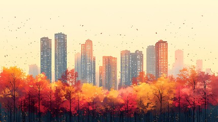 Wall Mural - Autumnal city skyline, falling leaves, urban park, fall design