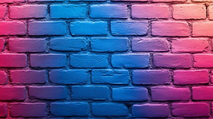 Poster - Neon Blue and Pink Highlights on Weathered Red Brick Wall with Visible Cracks and Faded Textures