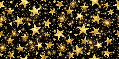 Wall Mural - A dazzling display of golden stars, each shimmering with a radiant glow, set against a rich black backdrop, adorned with delicate specks of glitter and twinkling fireworks.