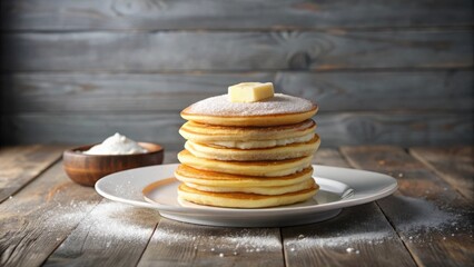 Poster - A stack of fluffy pancakes dusted with powdered sugar and topped with a pat of butter on a white plate