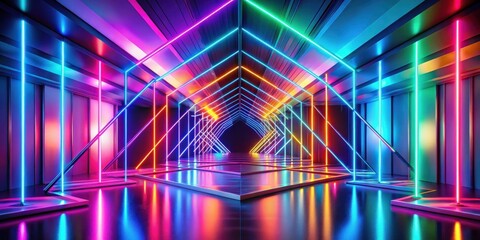 Leinwandbilder - A futuristic tunnel illuminated by vibrant neon lines, creating a captivating display of geometric shapes and reflective surfaces.