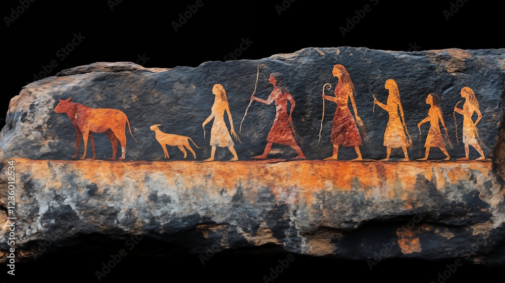 Ancient cave paintings depicting human figures and animals walking in ...