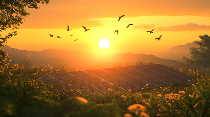 A solar panel array surrounded by nature, with birds flying above and the sun setting in the background, symbolizing harmony between technology and nature.