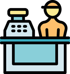Poster - Cashier working at checkout counter, operating cash register, providing service to customers in retail environment