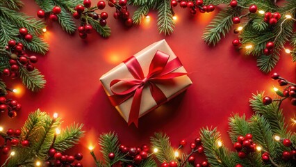 Wall Mural - A red background decorated with evergreen branches, red berries, and twinkling lights, featuring a wrapped gift with a red bow in the center.