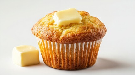 Wall Mural - Golden-brown muffin with a pat of butter on top. Sweet treat, delicious!