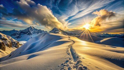 Poster - A lone path winds its way across a snowy mountain ridge, bathed in the golden glow of a setting sun, casting long shadows and highlighting the beauty of the winter landscape.