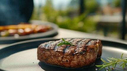 Wall Mural - Grilled steak on a black plate, garnished with rosemary. Delicious summer meal.