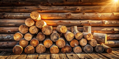 Aufkleber - A stack of round wooden logs against a rustic log cabin wall, bathed in warm sunlight, showcasing the beauty of natural materials.